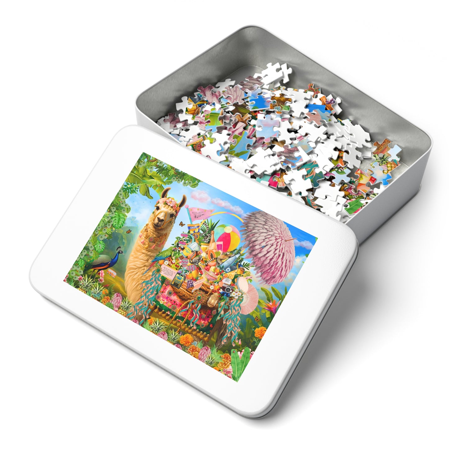 A Life Well Played Music Festival Llama Puzzle With tin | Luxury Art 252 Peices Puzzle | Whimsical Festival Art Gift