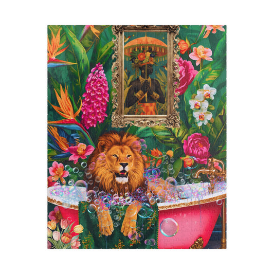 Clean Boy, Lion in Bubblebath 520 Pieces Puzzle| Floral Tropical Art