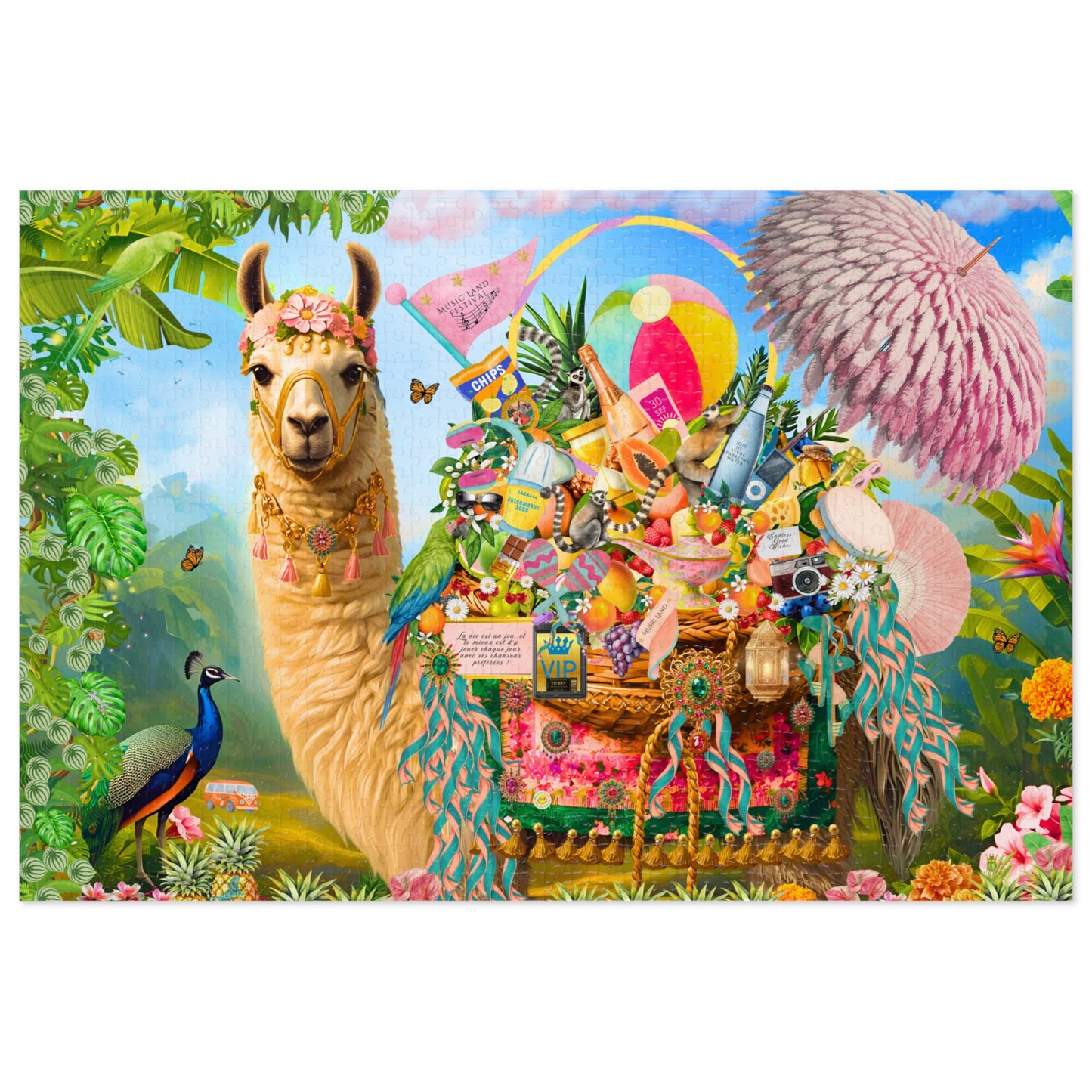 A Life Well Played Music Festival Llama Puzzle | Luxury 1,000 Pieces Art Puzzle with tin| Whimsical Festival Art Gift